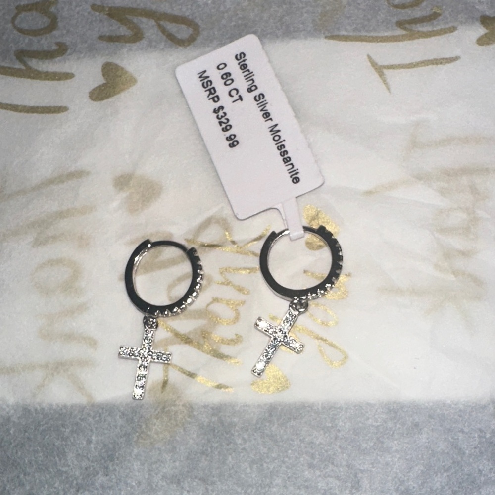 Sterling Silver Moissanite  Cross Hoop Earrings